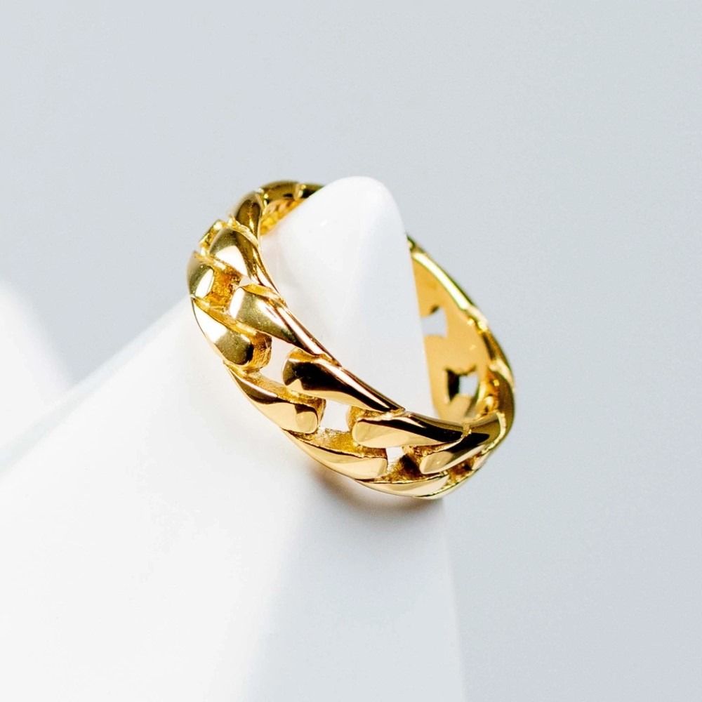 18 Kt   Yellow Gold Cuban Chain Link Design Men's Band Ring Size 8-10