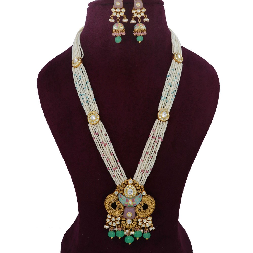 Gold Royal Colourful Moti Necklace Set For Women AJNS163