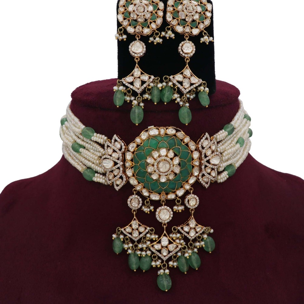 Colourful Pearl Delicate Gold Studded Necklace Set AJNS46