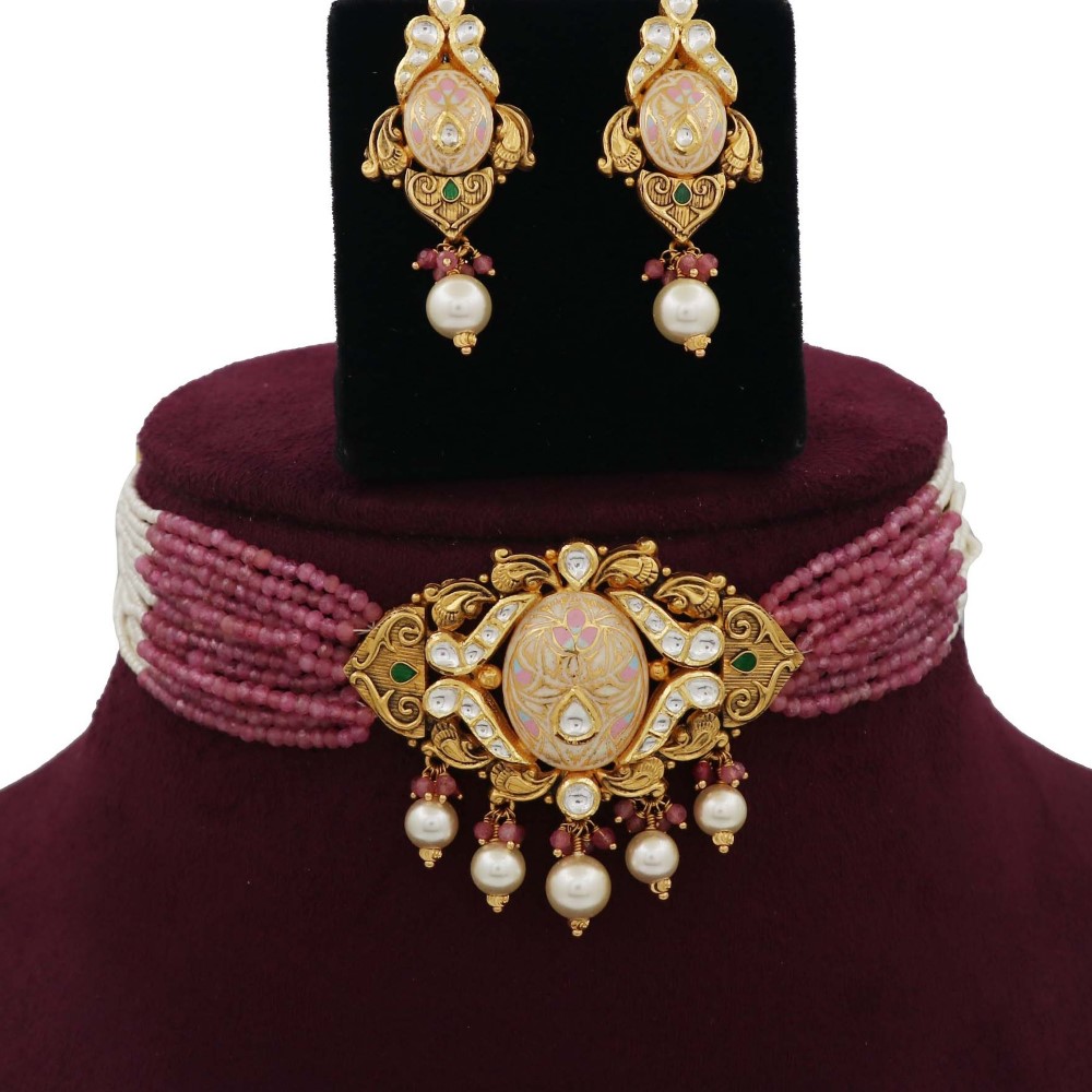 Pearl Loopy Bends Gold Studded Necklace Set AJNS15