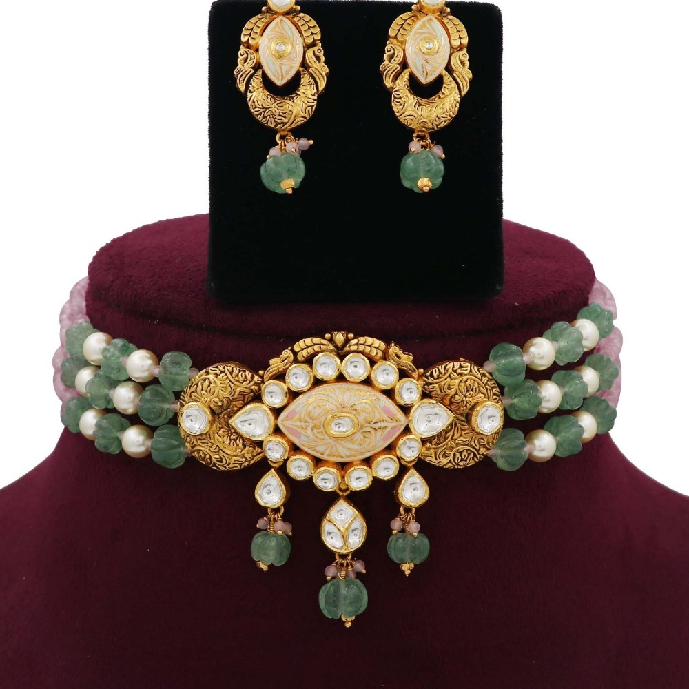Pearl Floral Gold Studded Necklace Set AJNS13