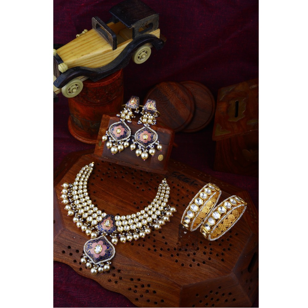 Gold Indian Design Kundan Bridal Necklace Set With Bangle