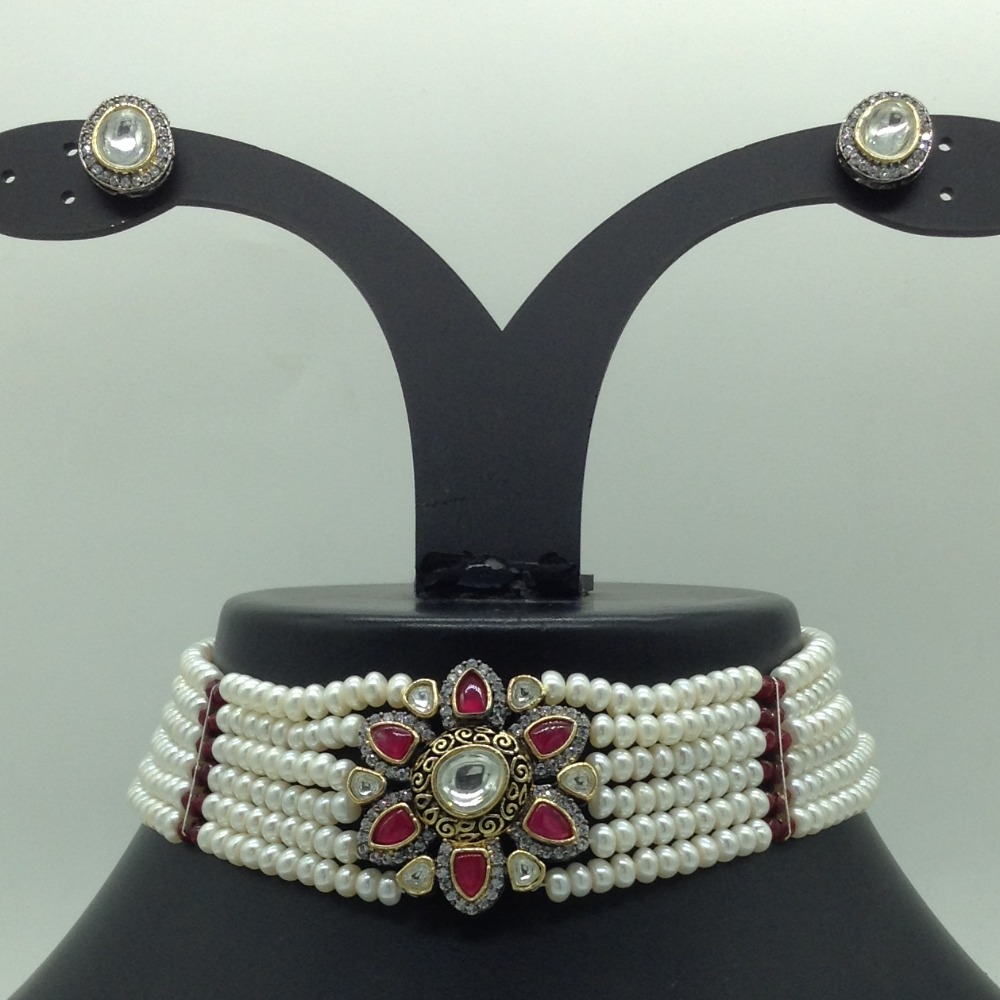 Kundan Choker Set With 6 Line Pearls Mala JPS0793