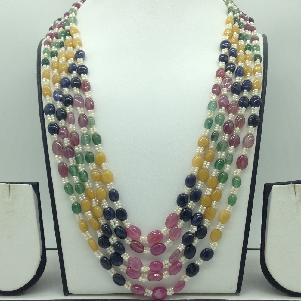 Natural Multi Precious Beeds and Pearls 5 Line Necklace JSS0187