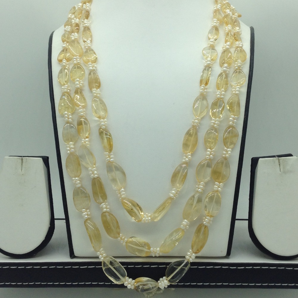Natural Citrine Oval Beeds and Pearls 3 Line Necklace JSS0186