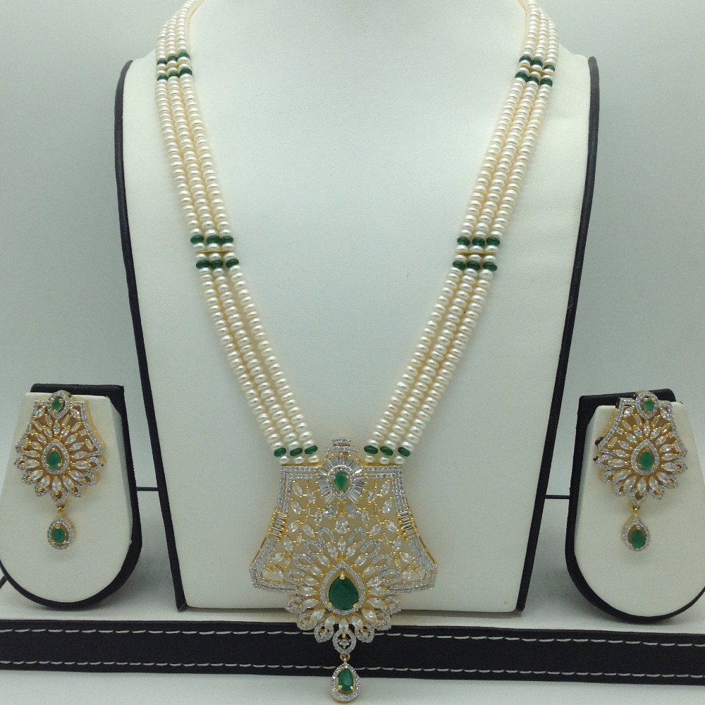 White,Green CZ Ranihaar Set With 3 Line Pearls Mala JPS0791