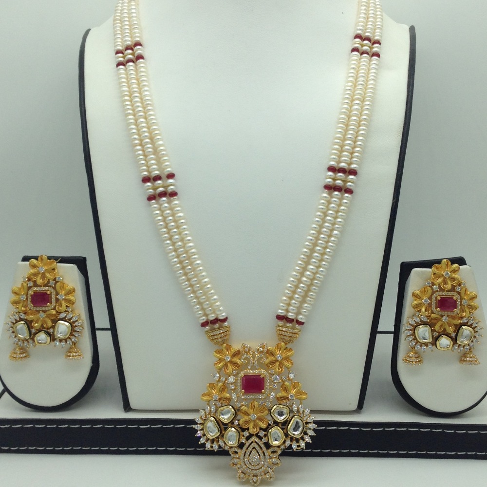 White,Red CZ Ranihaar Set With 3 Line Pearls Mala JPS0790