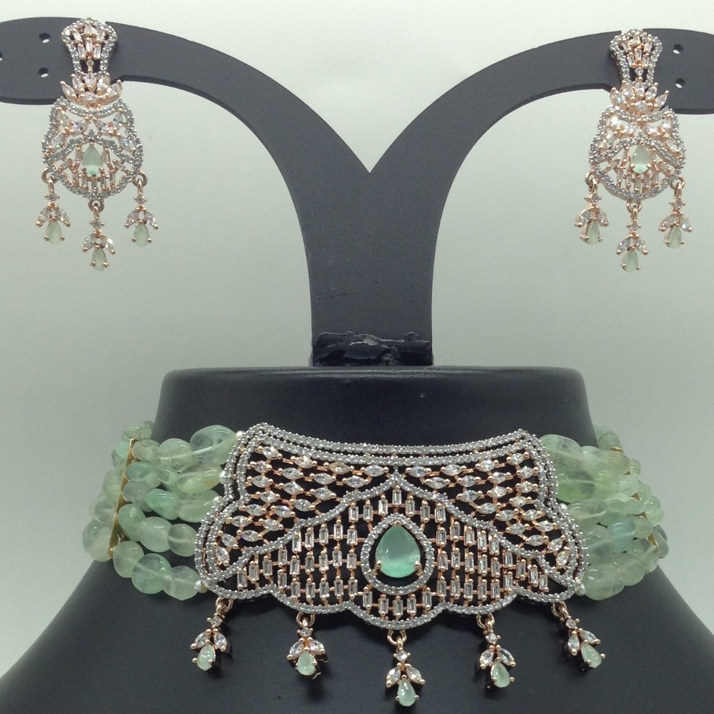 White Green CZ Choker Set With 5 Line Green Beeds JPS0782