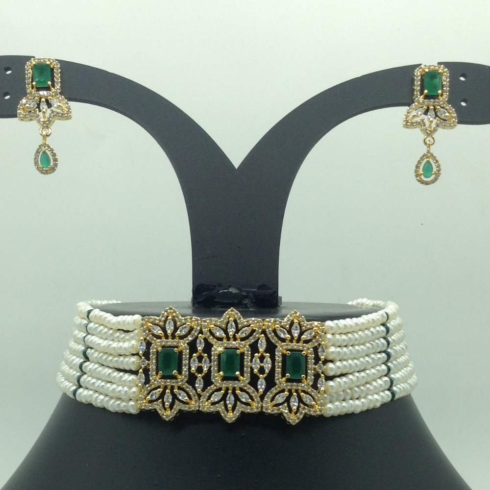 White,Green CZ Choker Set With 7 Line Pearls Mala JPS0777