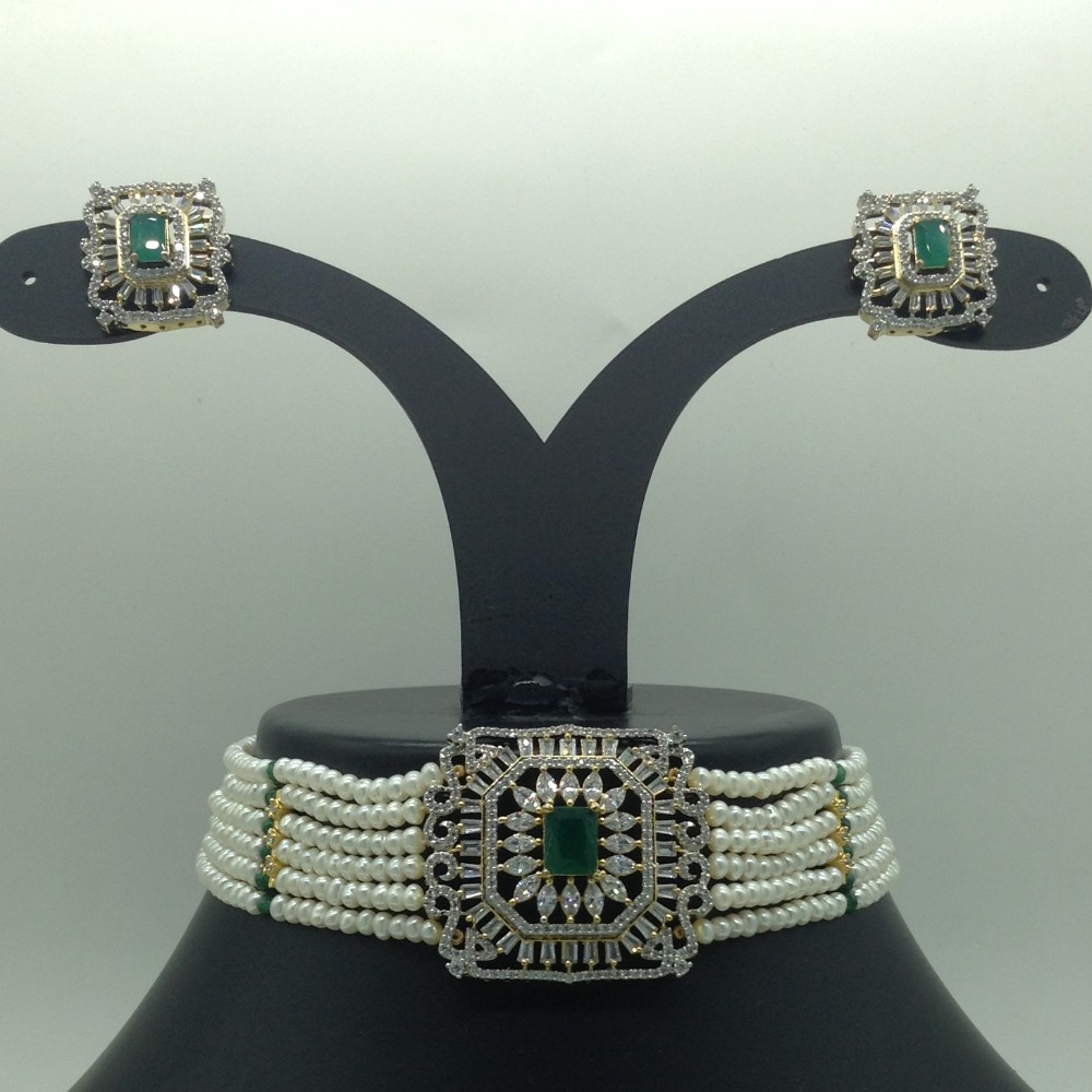 White,Green CZ Choker Set With 6 Line Pearls Mala JPS0774
