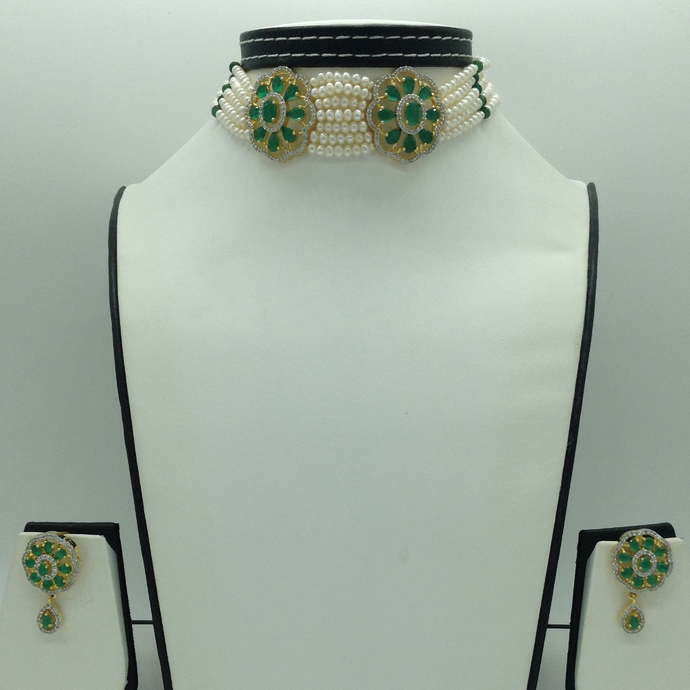 White,Green CZ Choker Set With 5 Line Pearls Mala JPS0766