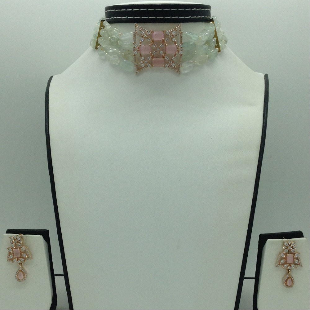 White,Pink CZ Choker Set With 4 Line Green Semi Mala JPS0764