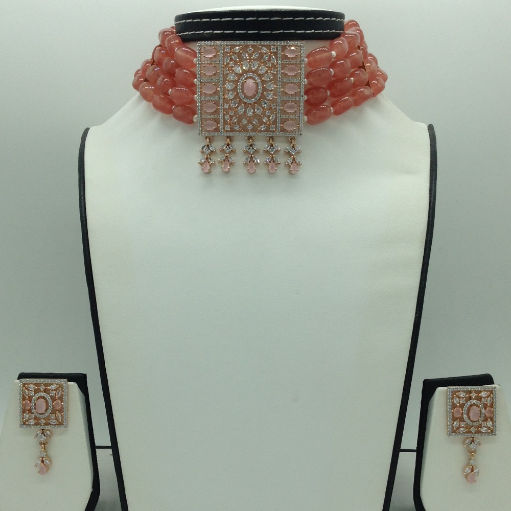 White,Pink CZ Choker Set With 4 Line Pink Semi Mala JPS0763