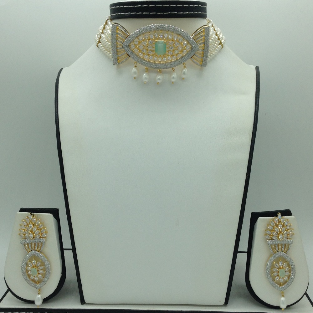 White CZ Choker Set With 6 Line Flat Pearls Mala JPS0762