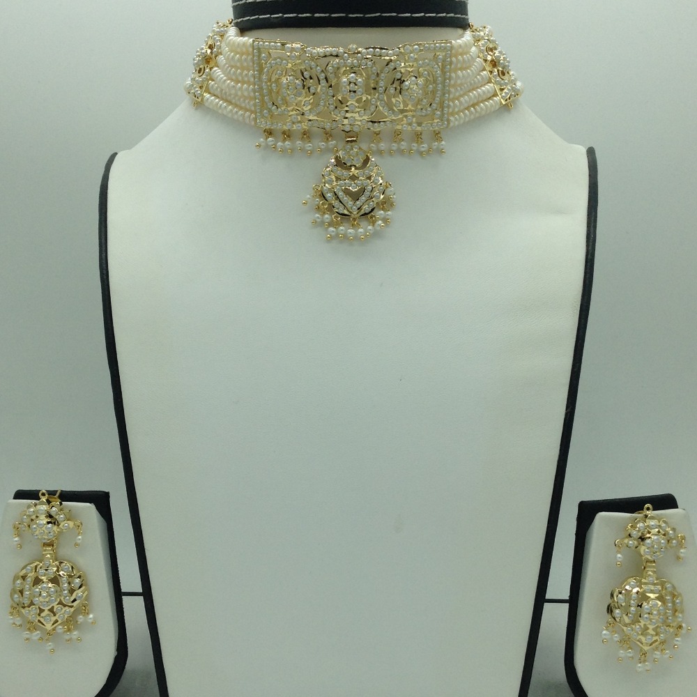 Pearls Jadau Choker Set With 6 Line Flat Pearls Mala JPS0761