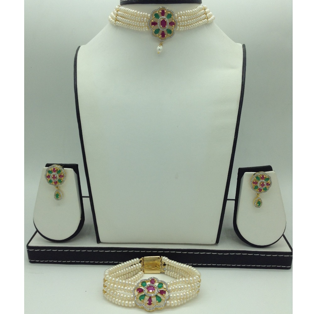 Multicolour CZ Choker Full Set With 4 Line Flat Pearls Mala JPS0760