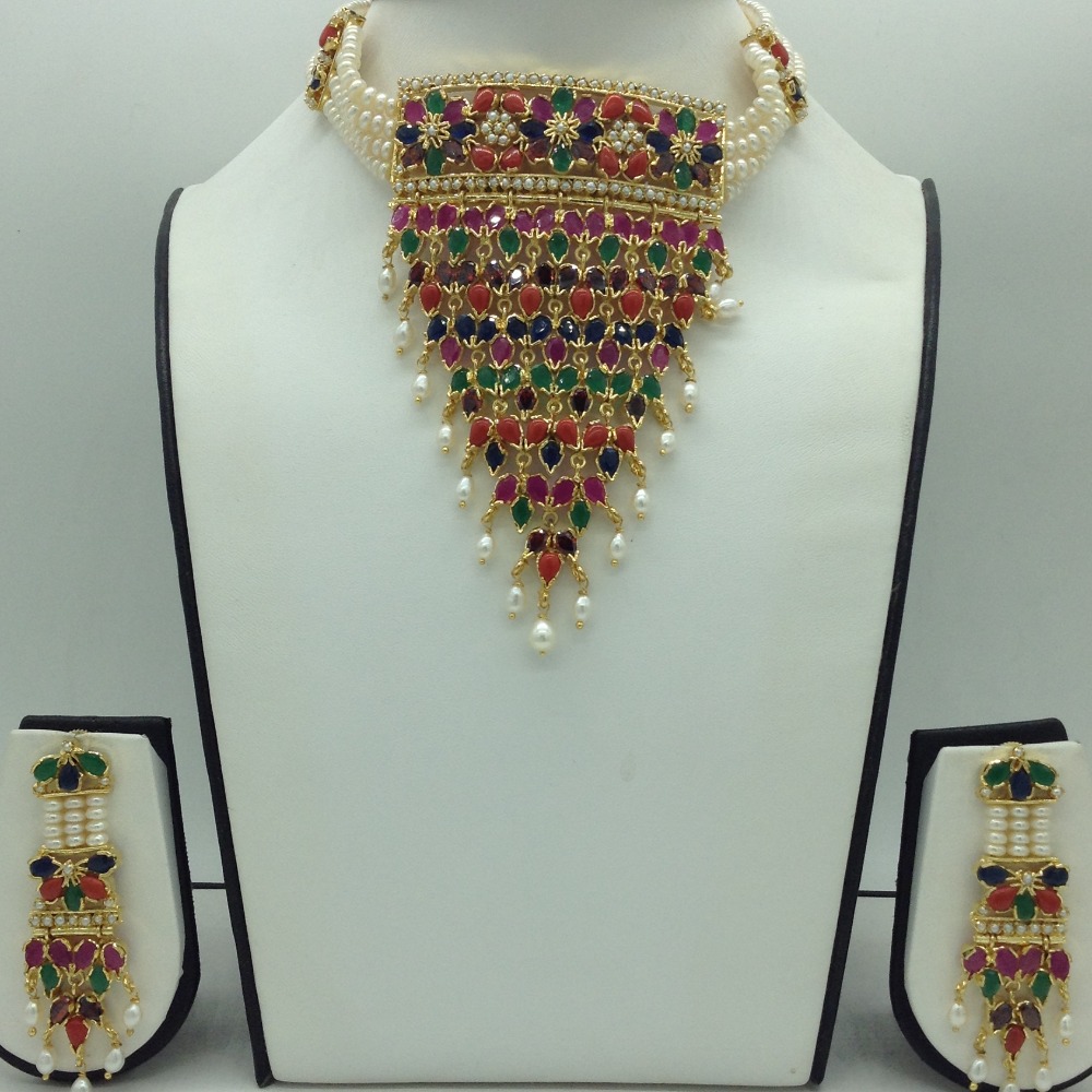 Navratan Jhalar Choker Set With 4 Line Flat Pearls Mala JPS0758
