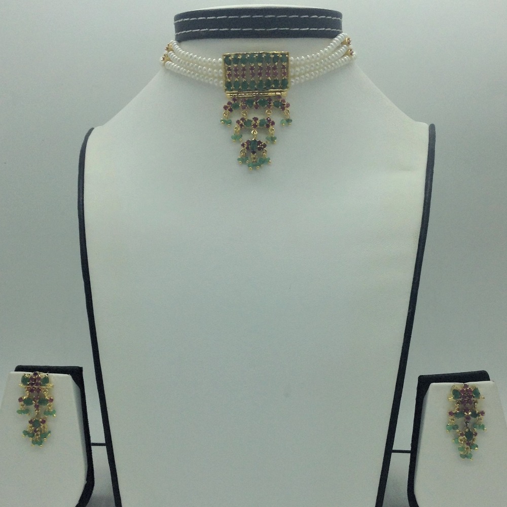 Red,Green CZ Jhalar Choker Set With 3 Line Flat Pearls Mala JPS0756
