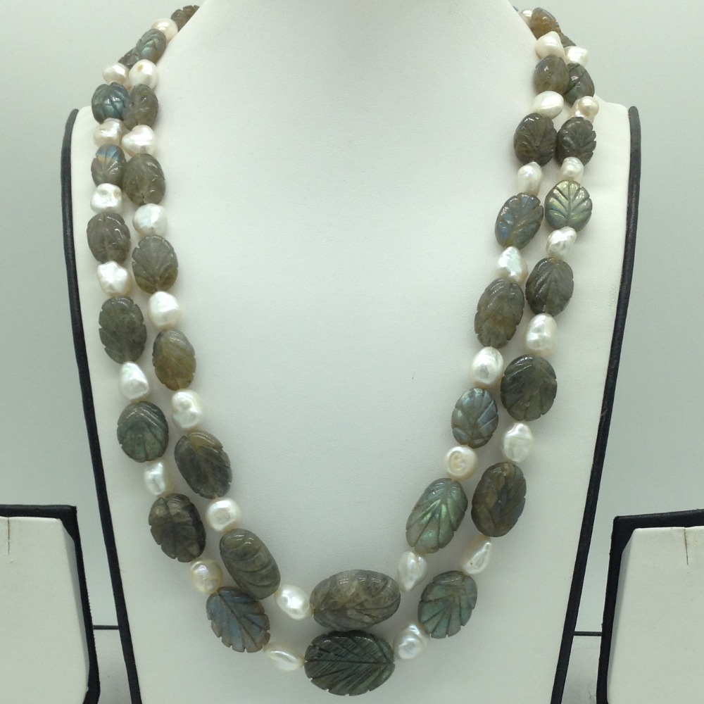 White Pearls with Labrodolite Oval 2 Layers Necklace JPM0495