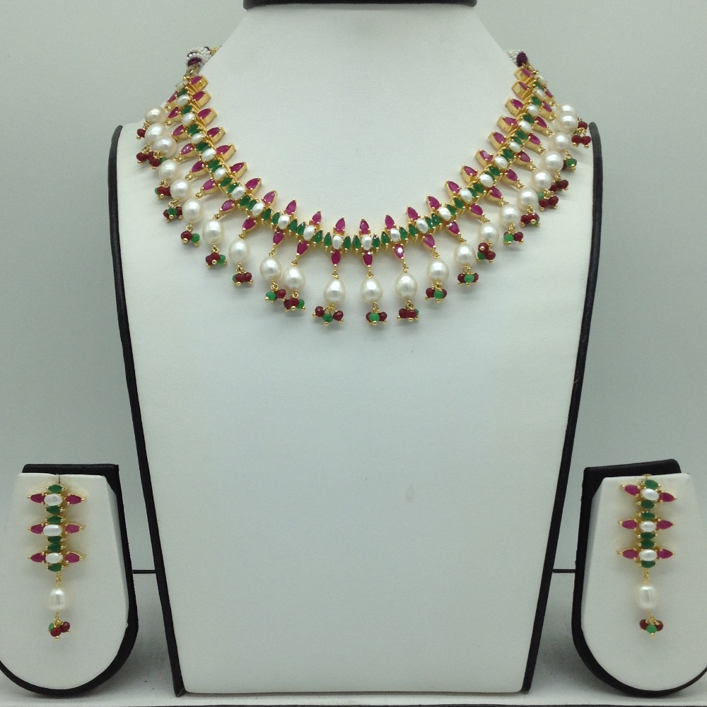 Red,Green Cz and Pearls Necklace Set JNC0184