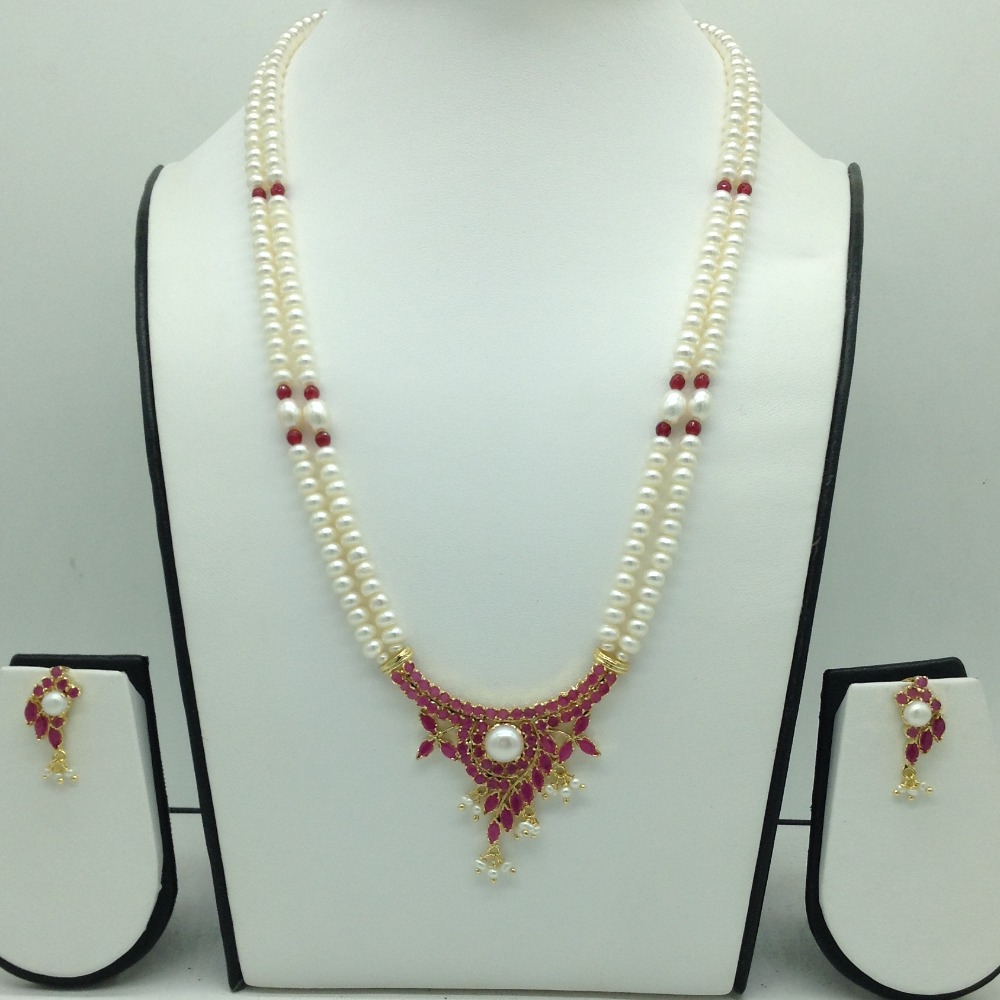 Red Cz Pendent Set With 2 Line Flat Pearls Mala JPS0746