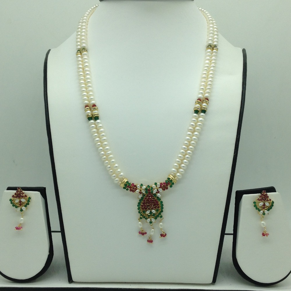 Green,Red CZ Pendent Set With 2 Line Flat Pearls Mala JPS0744