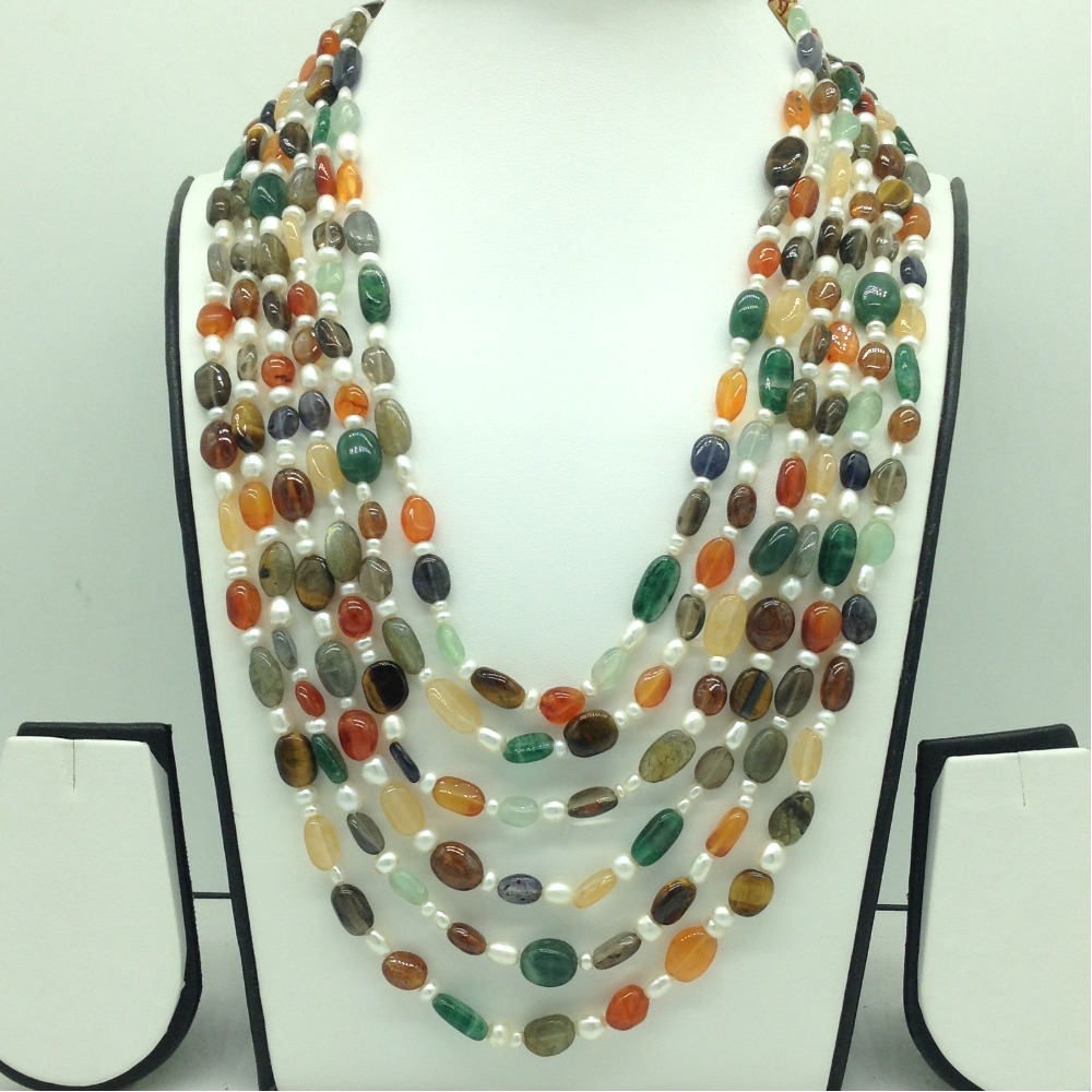 White Pearls with Multicolour Semi Precious Beeds Necklace JPM0488