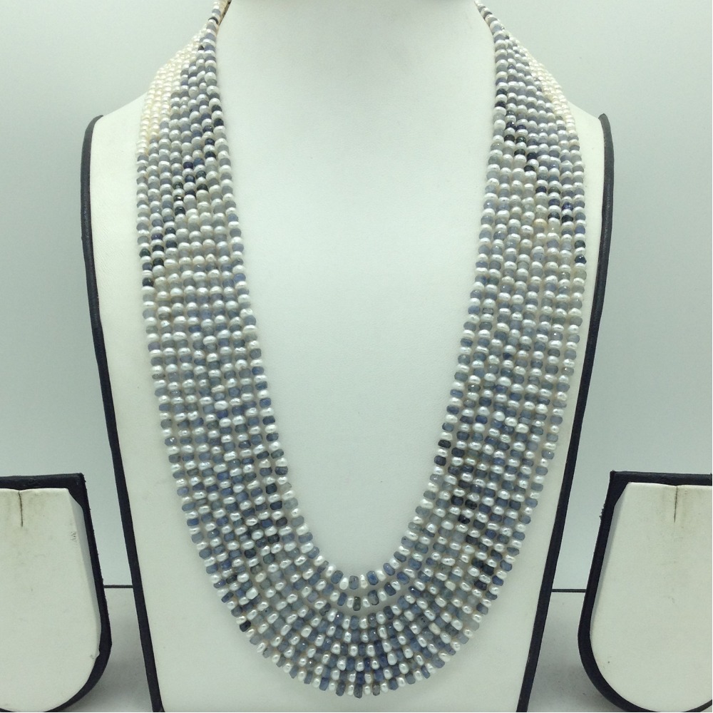 White Flat Pearls with Blue Sapphires Beeds Necklace JPM0485