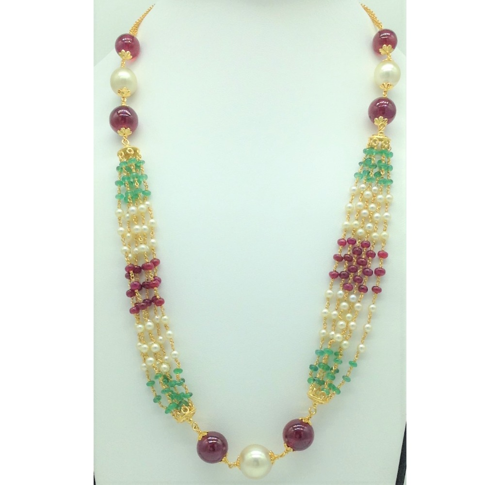 Freshwater Round Pearls with Ruby,Emeralds Gold Taar Necklace JGT0029