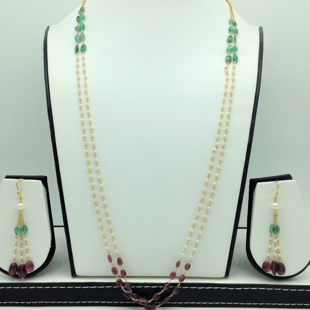 Round Pearls with Ruby, Emeralds Gold Taar Necklace Set JGT0026