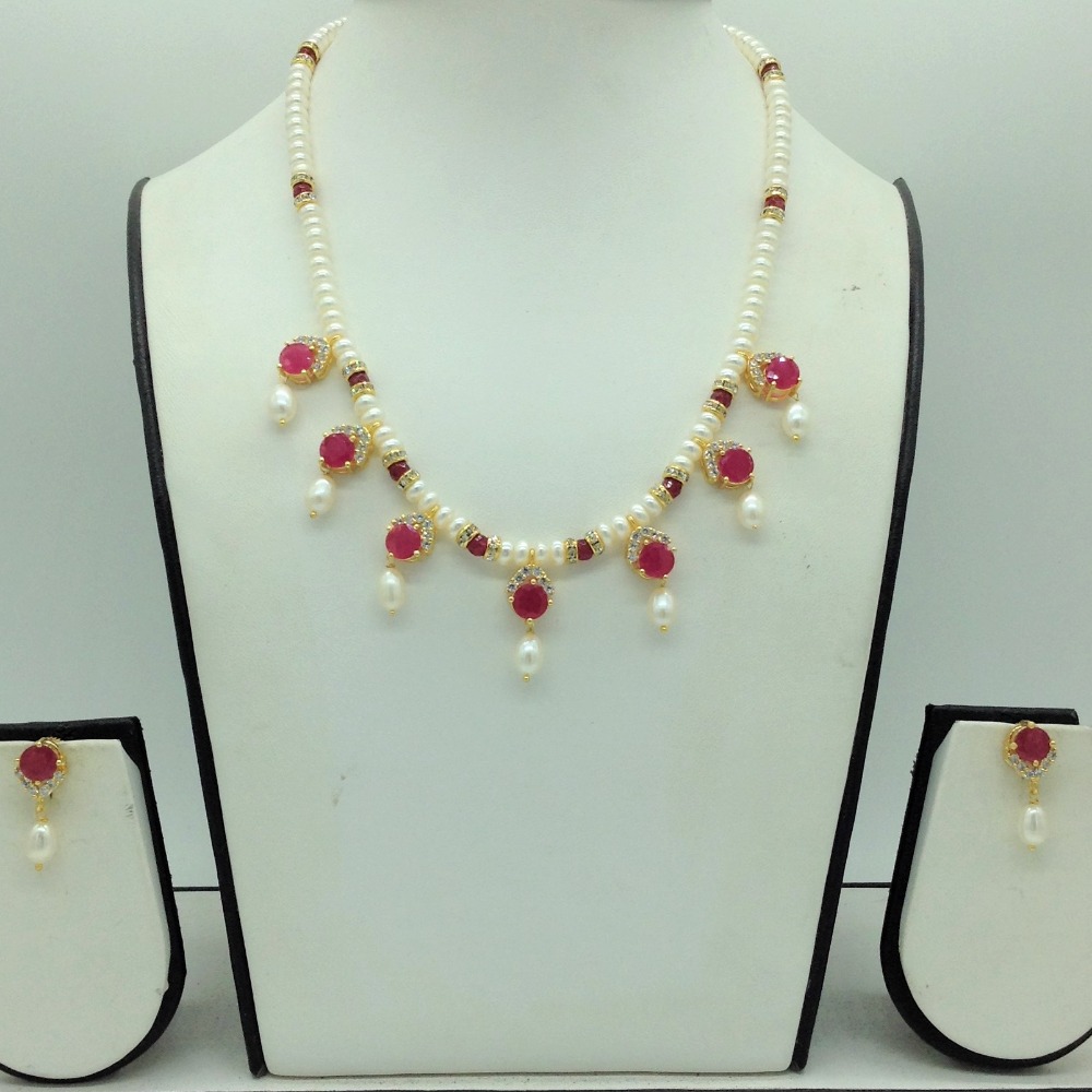 White,red cz 7 pcs set with 1 line flat pearls mala jps0739