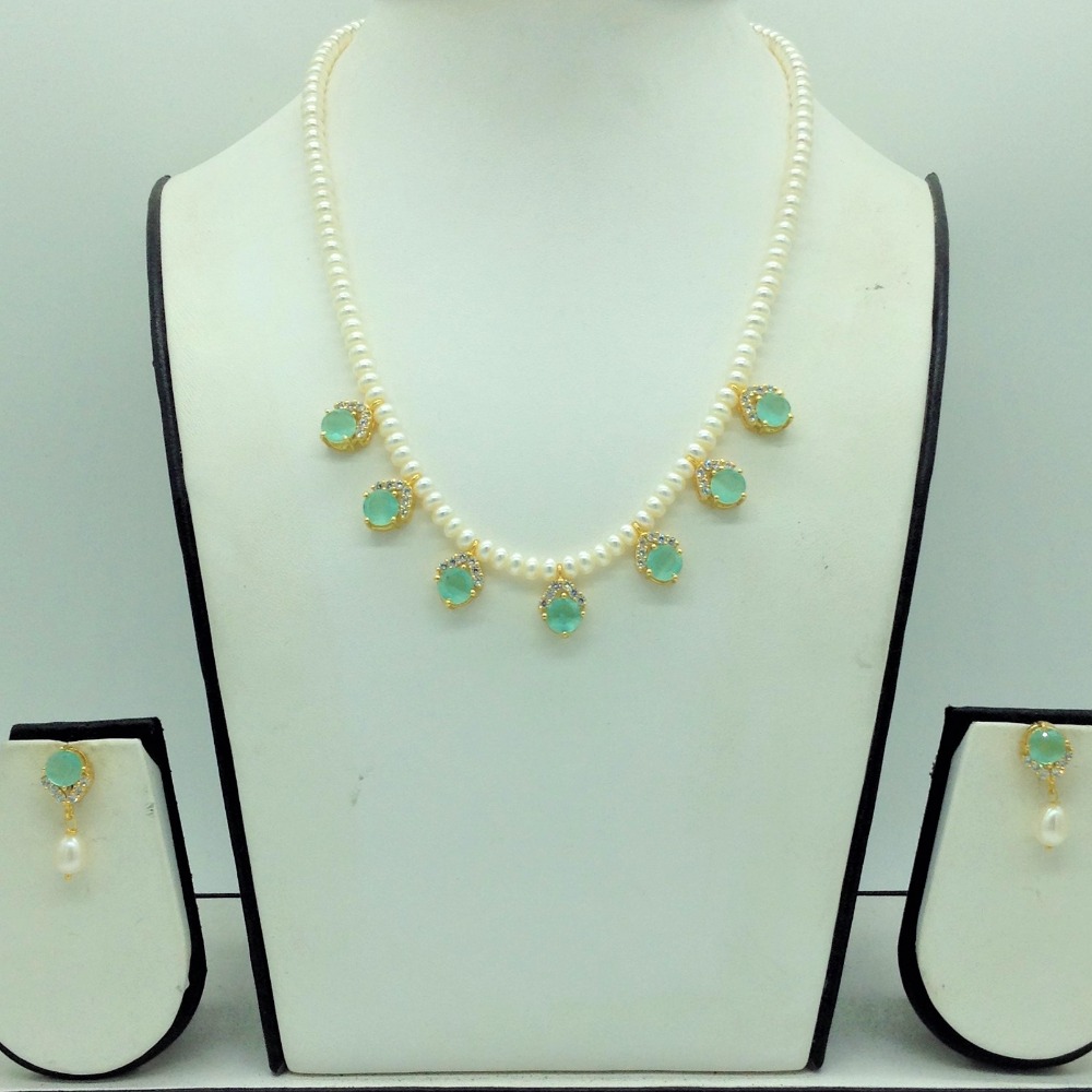 White, sea green cz 7 pcs set with 1 line flat pearls mala jps0735