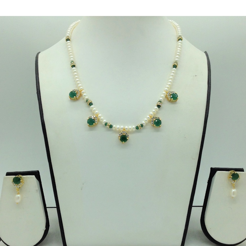 White,green cz 7 pcs set with 1 line flat pearls mala jps0733