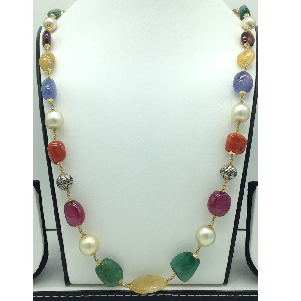Sea Water Round Pearls with Navratan Aweja Gold Taar Necklace JGT0025