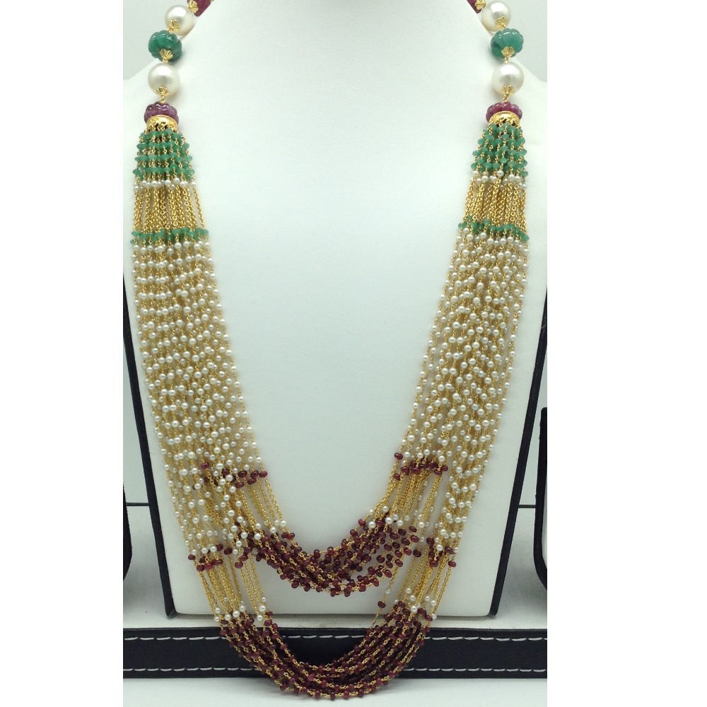 Freshwater Round Pearls with Ruby,Emeralds Gold Taar Necklace JGT0021