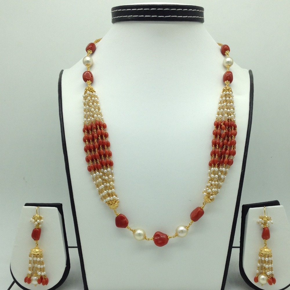 South Sea Pearls Coral Oval Tumbles Gold Taar Necklace Set JGT0015