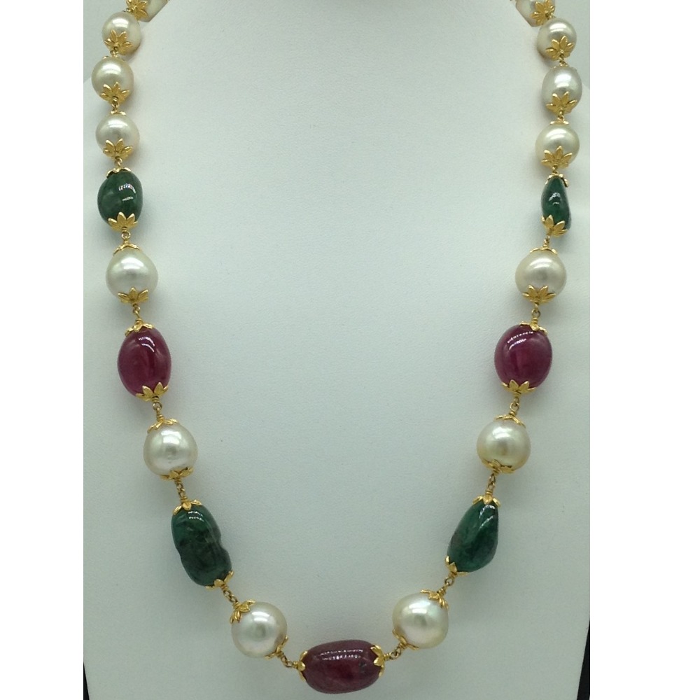 South Sea Pearls With Ruby Emerald Tumbles Gold Necklace JGT0014