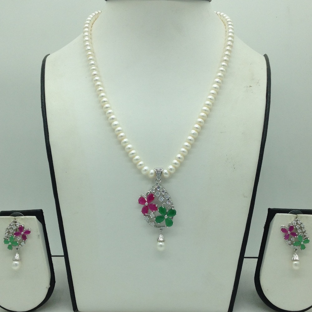 Multi Cz Pendent Set With 1 Line Flat Pearls Mala JPS0731