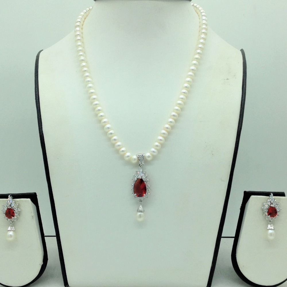 White,Red Cz Pendent Set With 1 Line Flat Pearls Mala JPS0730