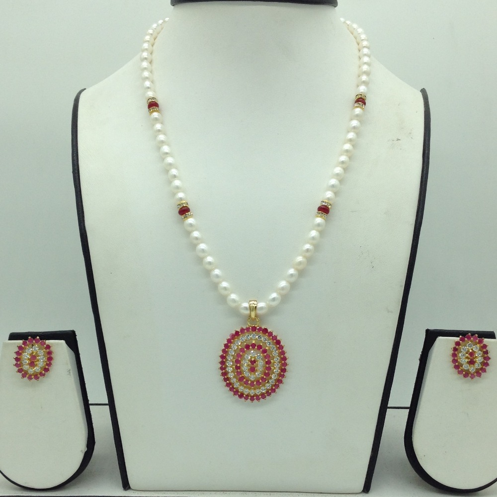 White,Red CZ Pendent Set With 1 Line Oval Pearls Mala JPS0725