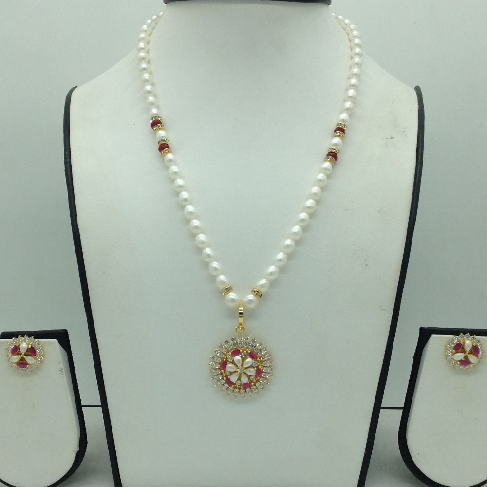 White,Red CZ Pendent Set With 1 Line Oval Pearls Mala JPS0723