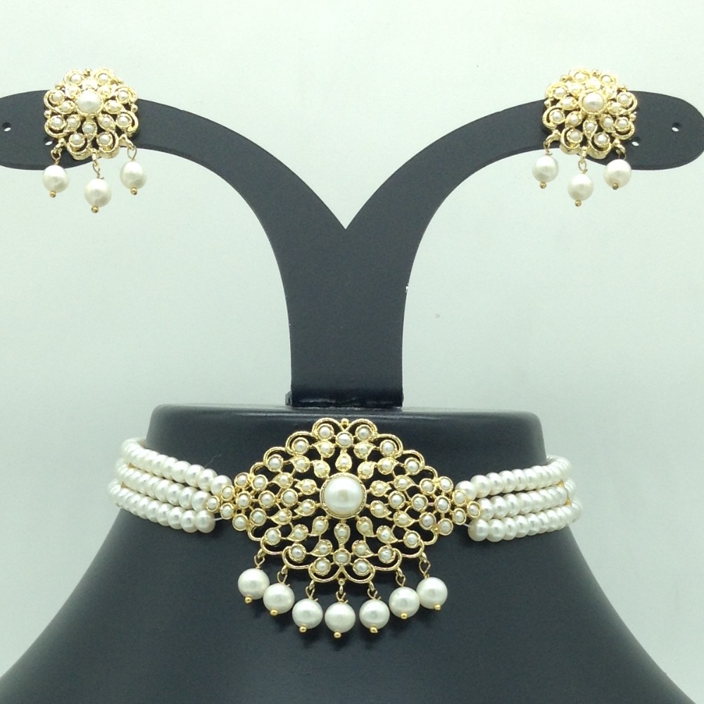 Pearls Choker Set With 3 Line Flat Pearls Mala JPS0715