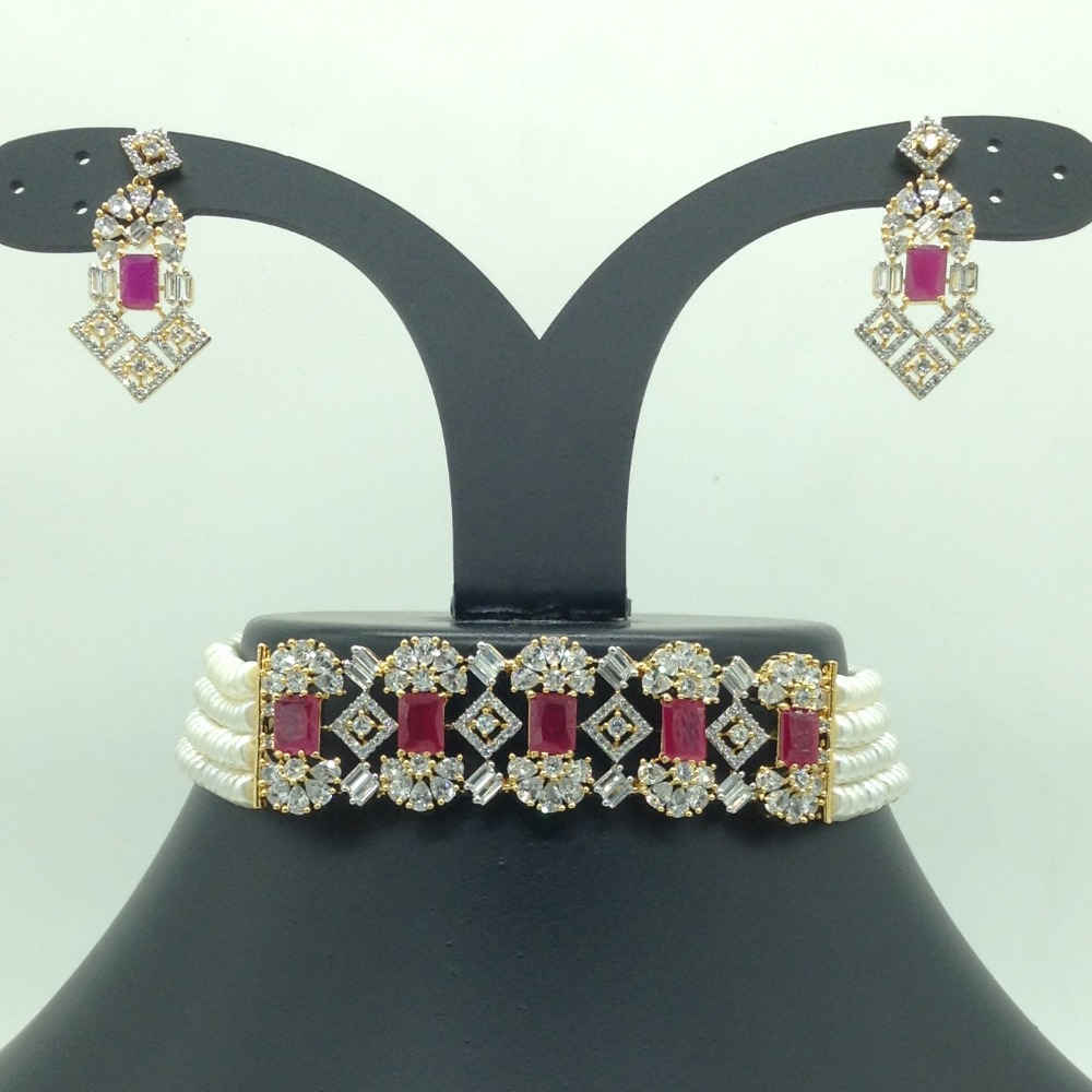 White,Red CZ Choker Set With 4 Line Flat Pearls Mala JPS0714