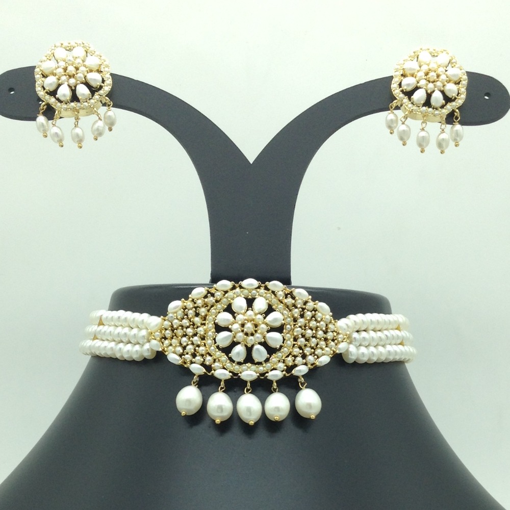 Pearls Choker Set With 3 Line Flat Pearls Mala JPS0713