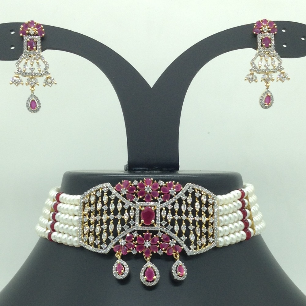 White,Red CZ Choker Set With 5 Line Flat Pearls Mala JPS0711