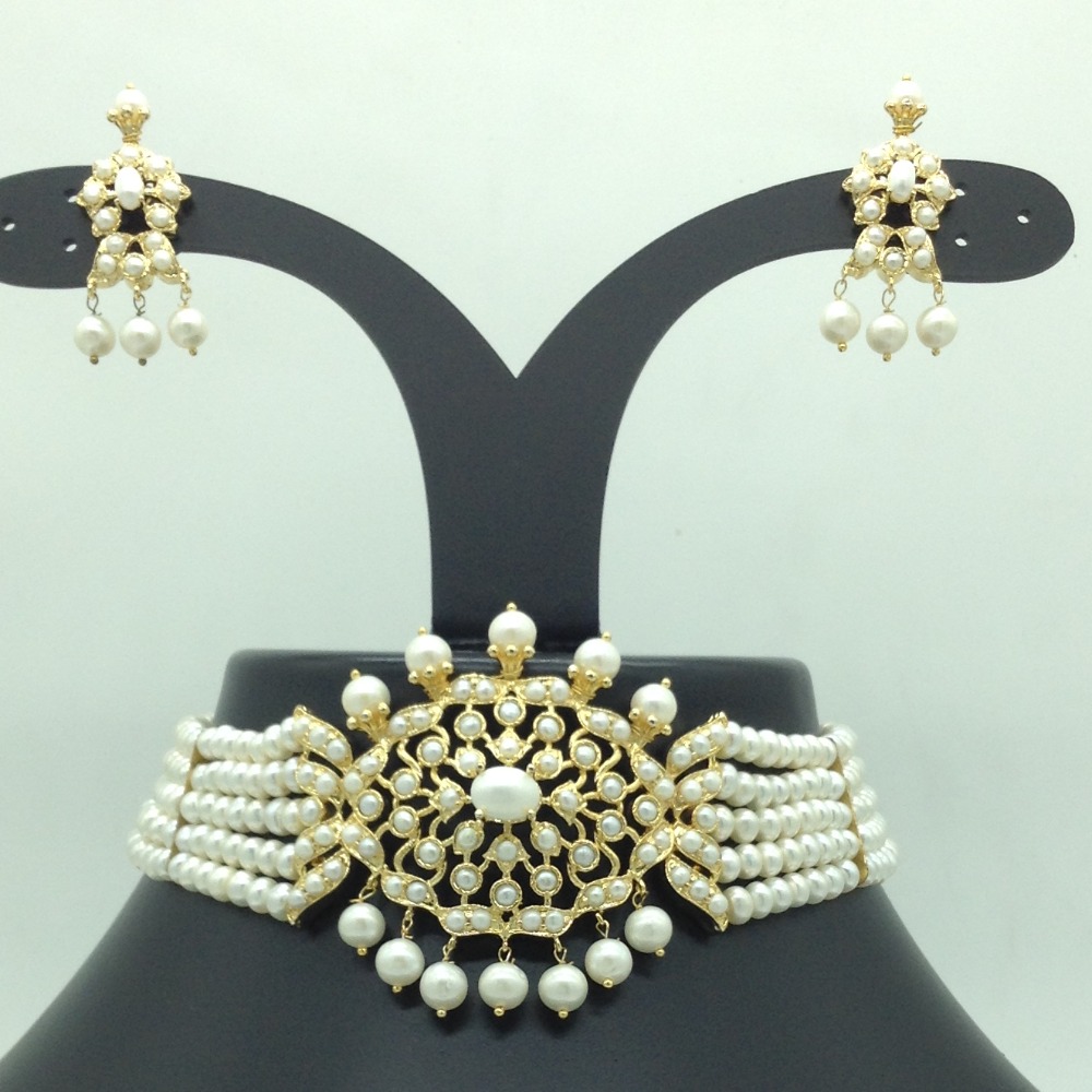 Pearls Choker Set With 5 Line Flat Pearls Mala JPS0712