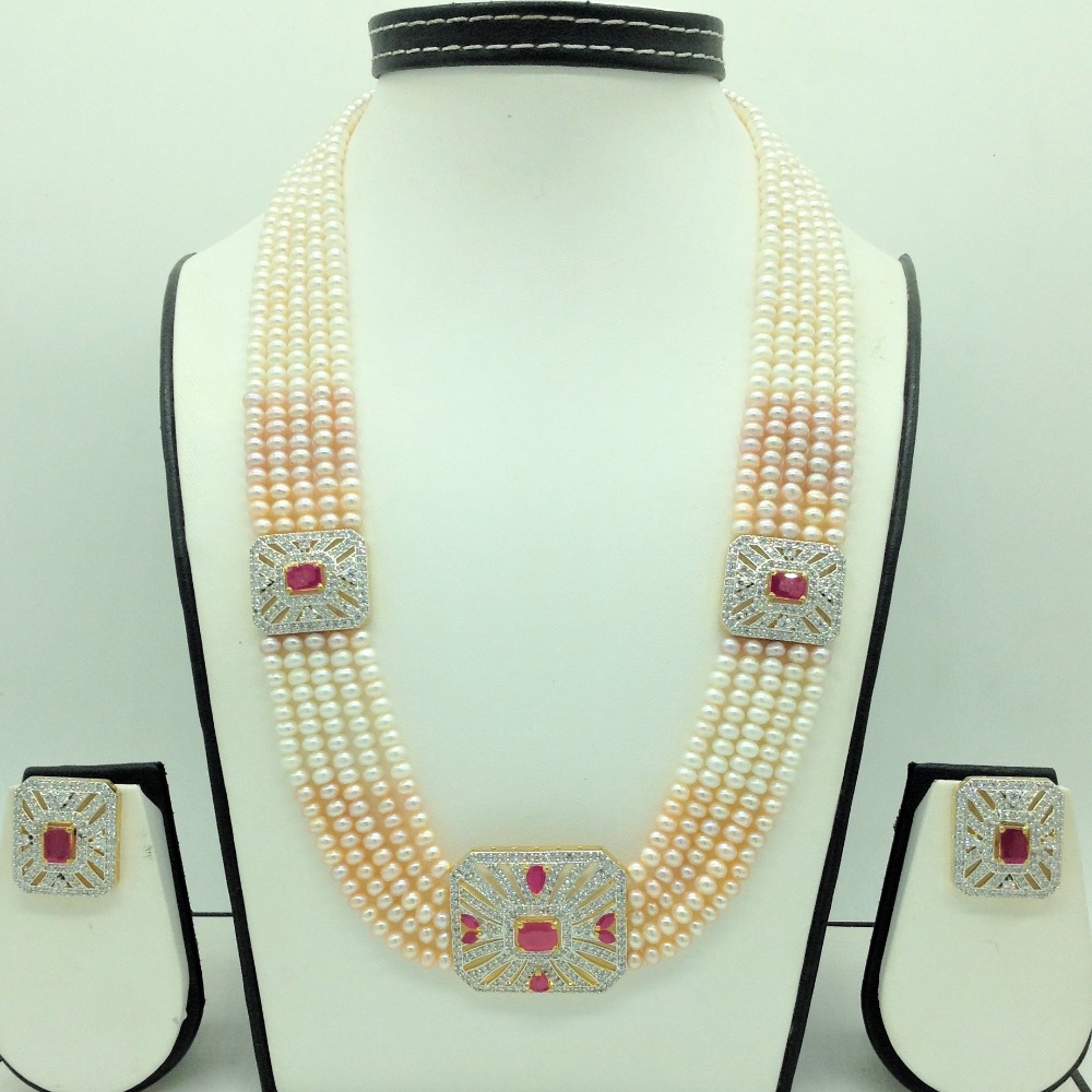 White ,Red CZ Brooch Set With 5 Lines Shaded Pearls Mala JPS0709