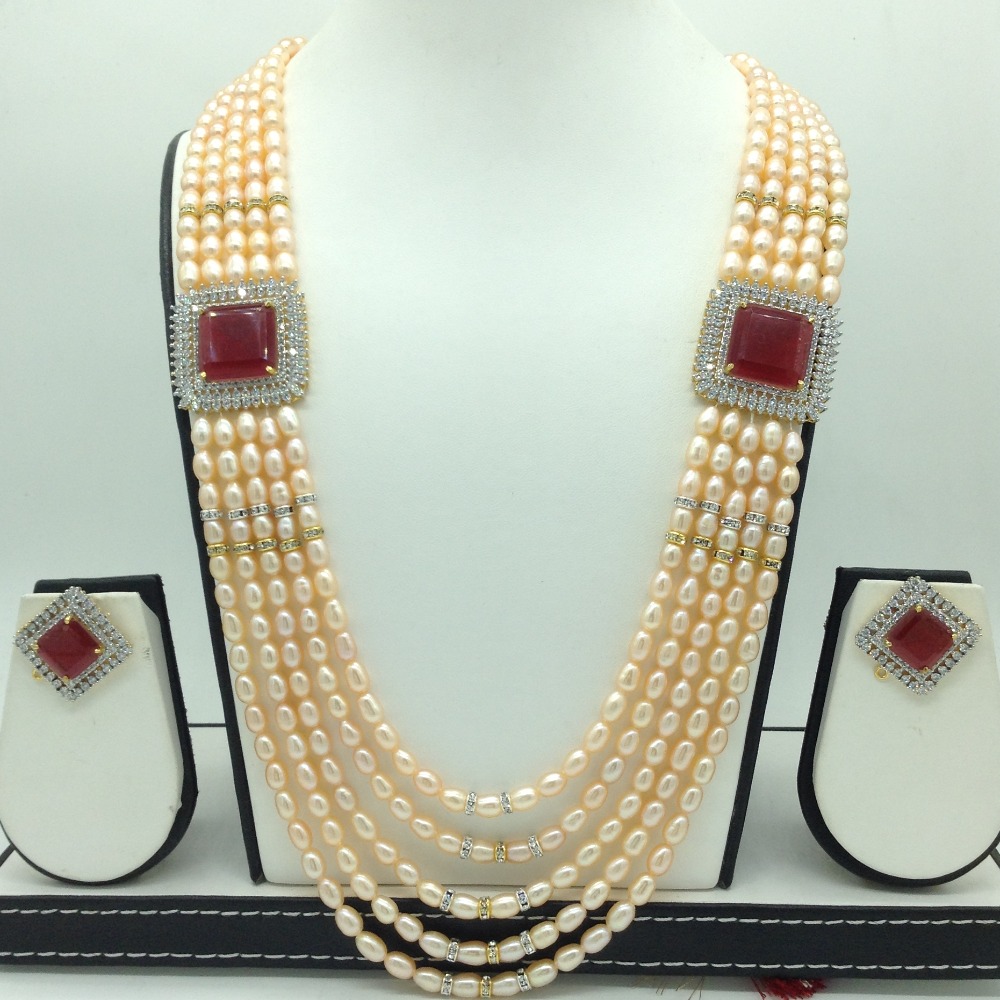 White ,Red CZ Brooch Set With 5 Lines Orange Pearls Mala JPS0707