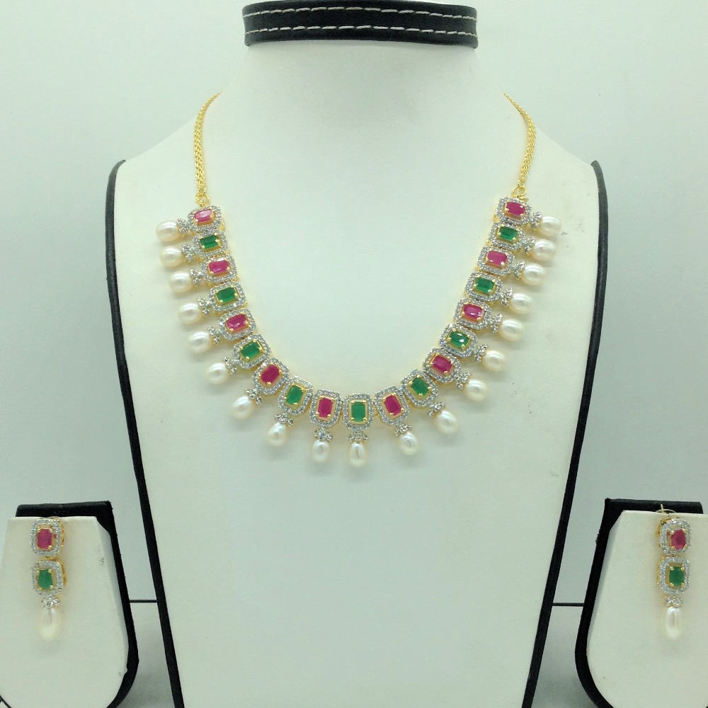 Multicolour CZ Stones and Tear Drop Pearls Necklace Set JNC0149