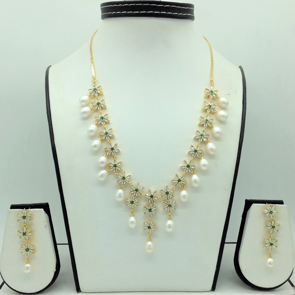 White, Green CZ Stones and Tear Drop Pearls Necklace Set JNC0147